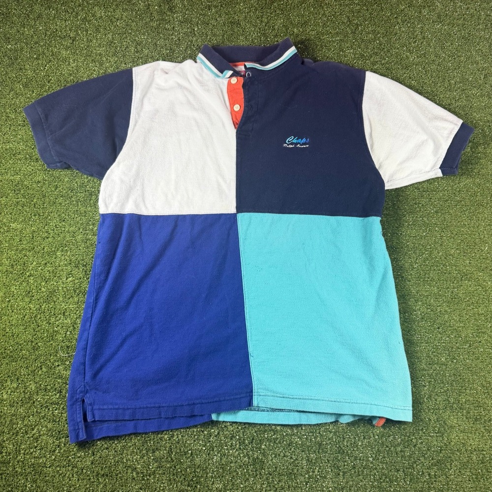 Chaps Ralph Lauren Vintage Colorblock Polo Shirt Mens Medium Blue White Cotton